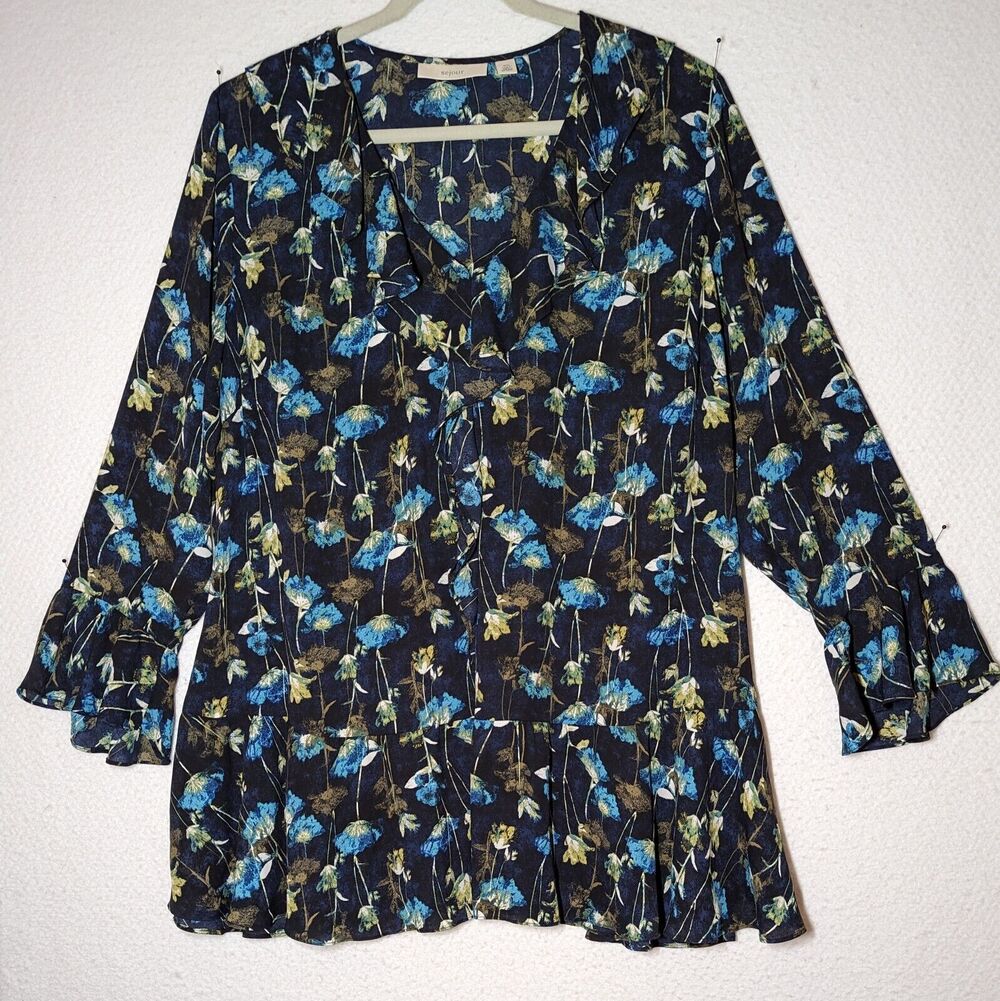 Sejour Sheer Blouse Top Women Sz 18 Blue Floral Tunic Flowy Feminine Ruffle